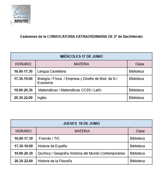 Imagen de la noticia: CALENDARIO DE EXÁMENES EXTRAORDINARIOS 2º BACH ADULTOS (JUNIO)