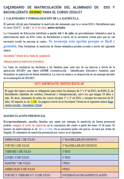 Imagen de la noticia: MATRICULACIÓN ESO Y BACHILLERATO DIURNO CURSO 2026/27