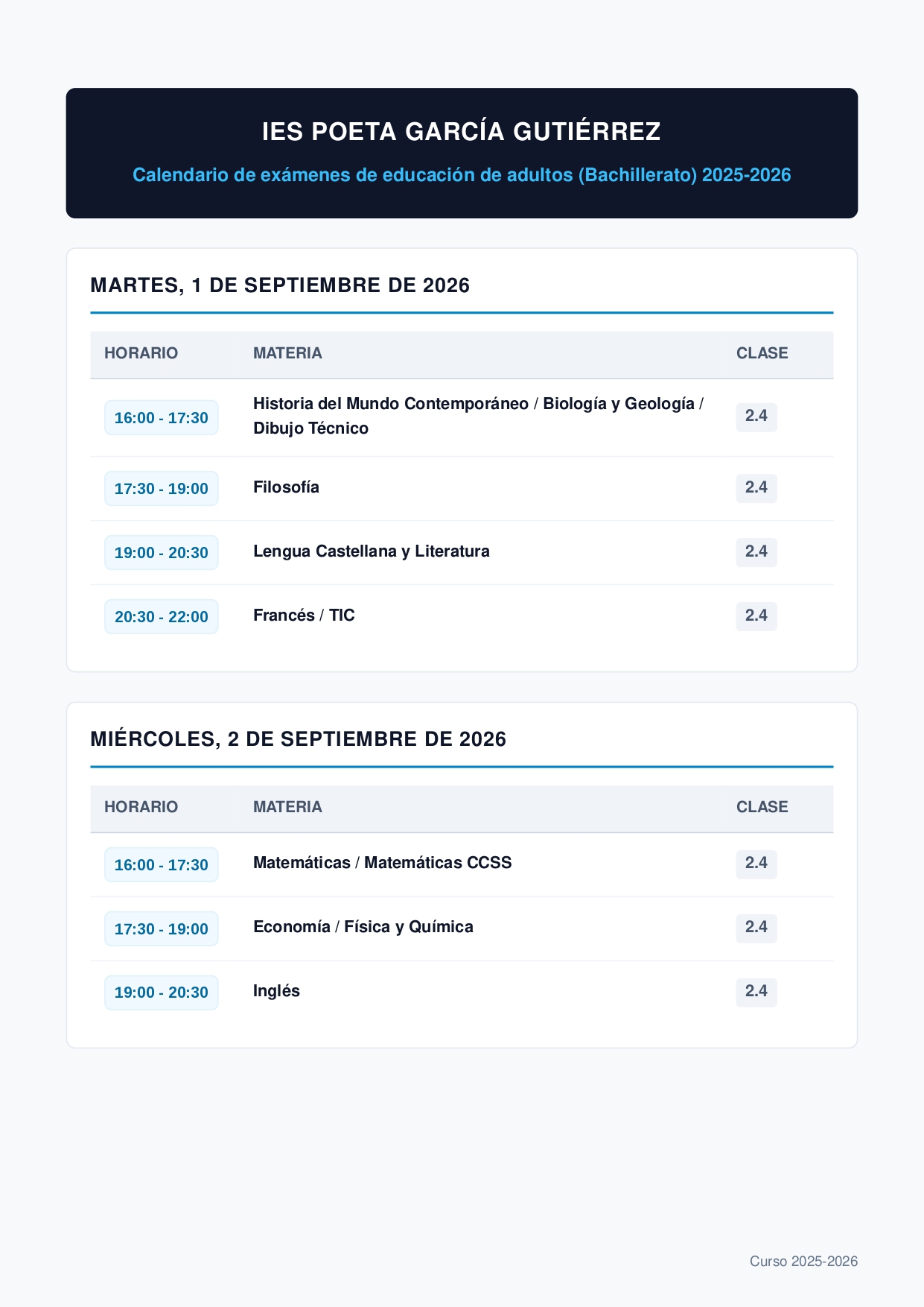 Imagen de la noticia: Calendario de exámenes septiembre 1º bachillerato (Adultos) [Actualizado]
