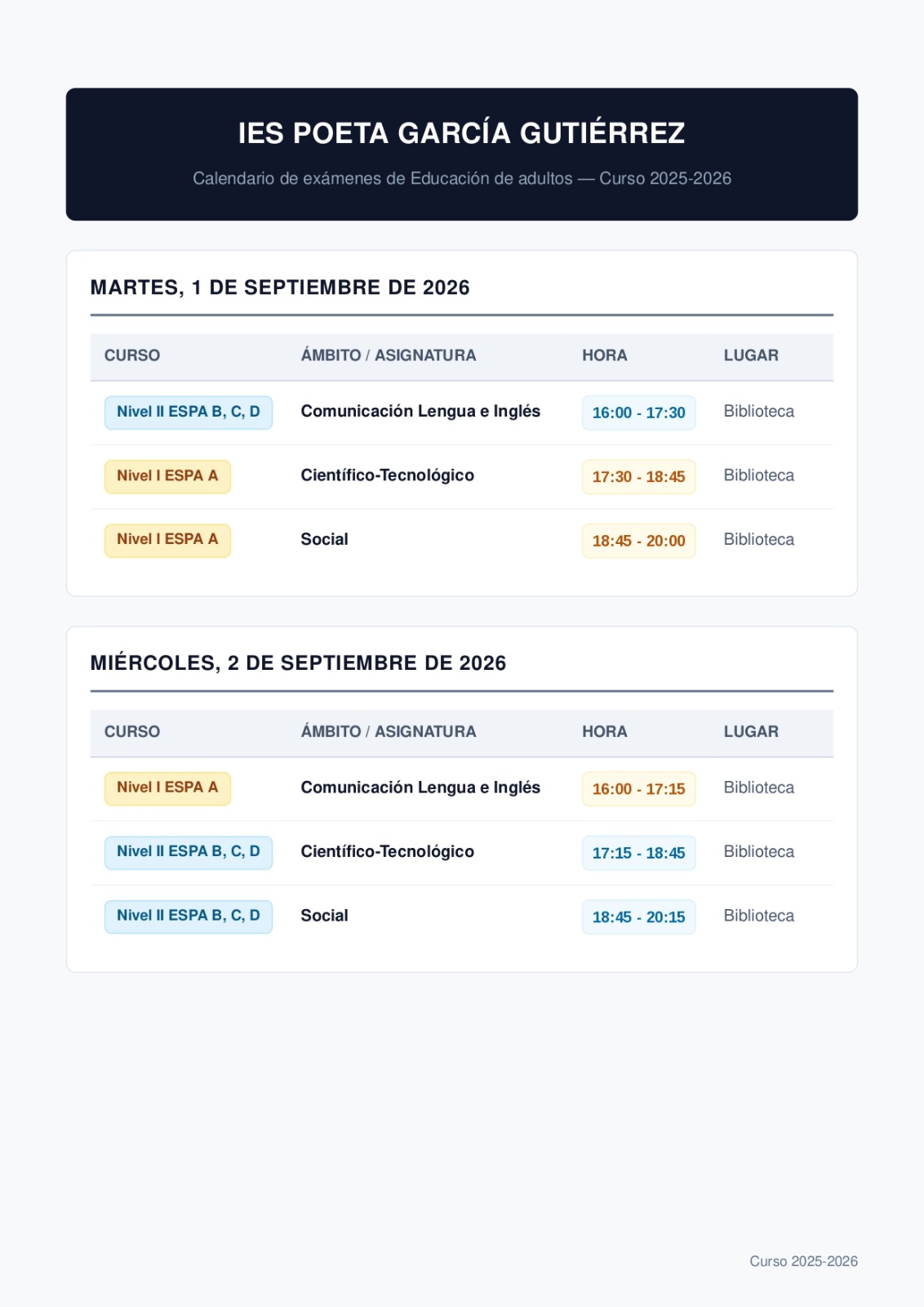 Imagen de la noticia: Calendario de exámenes septiembre ESPA (Adultos)